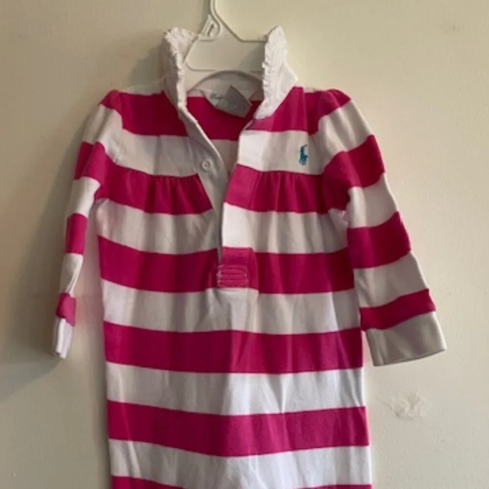 RALPH LAUREN Coverall Romper Long Sleeve Pink White Stripe 9 Mos